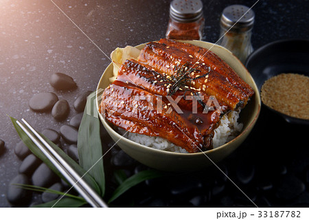 Japanese eel grilled with rice or Unagi don. Japanese eel grilled with rice or Unagi don. 33187782