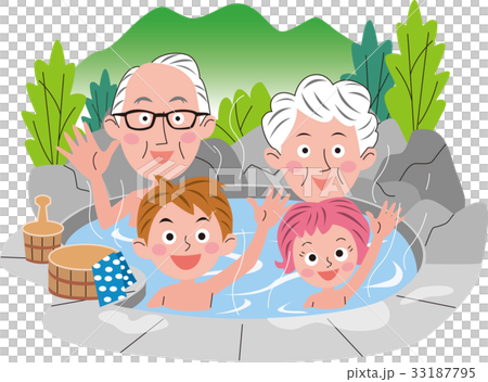 家族 温泉 シニア 孫 春 夏のイラスト素材