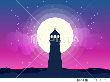 Lighthouse Silhouette Vector Moonlightのイラスト素材
