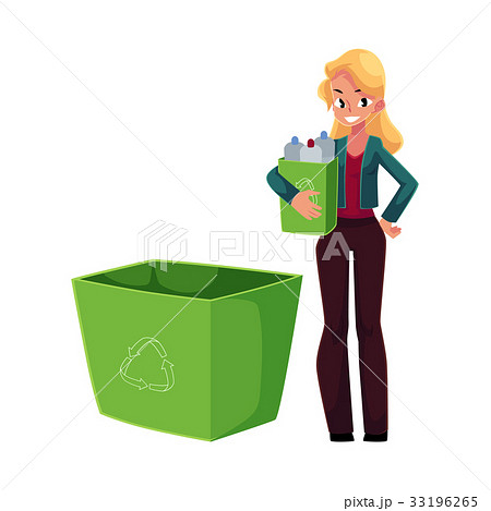 Young woman holding box of plastic bottles 33196265