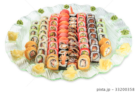 Set sushi rolls plate isolated on white background 33200358