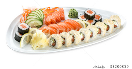 Set double saki sushi plate isolated on white 33200359