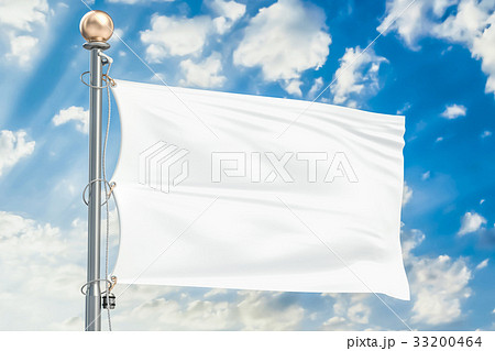 White flag waving in blue cloudy sky, 3D rendering 33200464