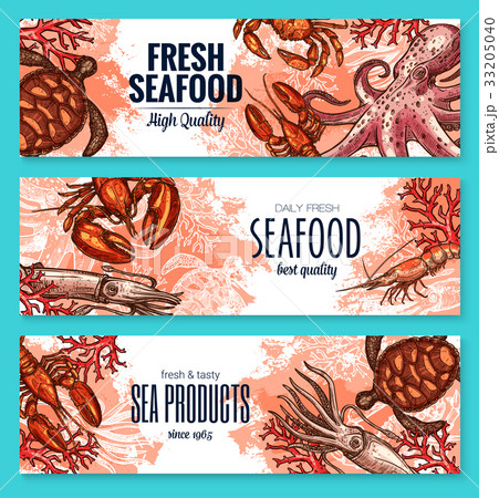 Seafood product sketch banner set for food design 33205040