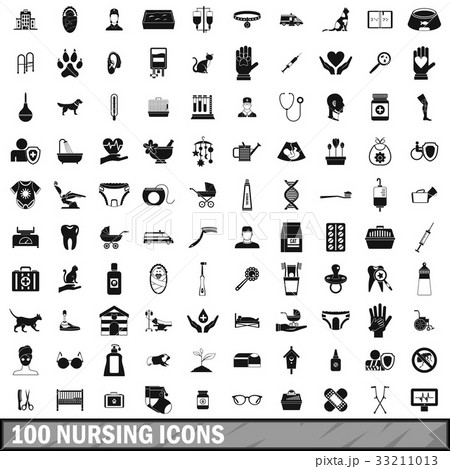 100 nursing icons set, simple style 33211013