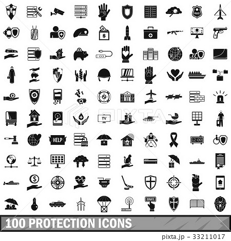 100 protection icons set, simple style 33211017