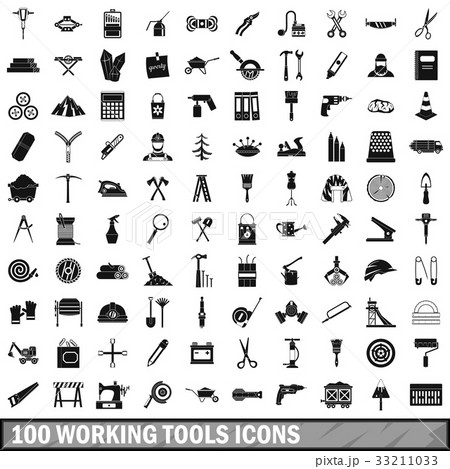 100 working tools icons set, simple style 100 working tools icons set, simple style 33211033