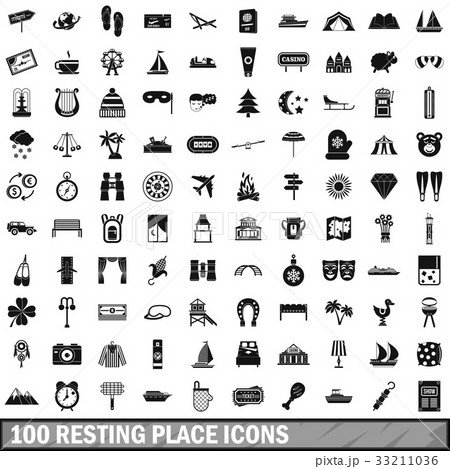 100 resting place icons set, simple style 33211036