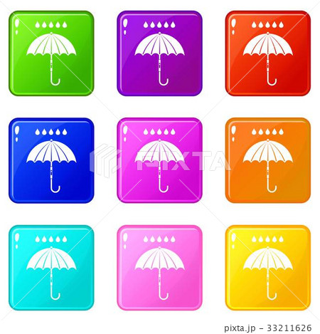Umbrella and rain drops icons 9 set 33211626