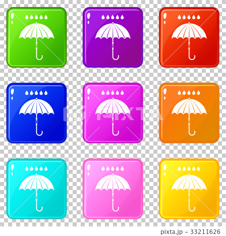 Umbrella and rain drops icons 9 set 33211626