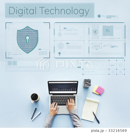 Hands working on laptop network graphic overlay 33216569