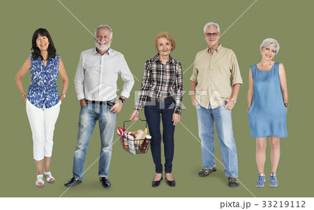Group of senior adult people smiling and standing in a row Group of senior adult people smiling and standing in a row 33219112