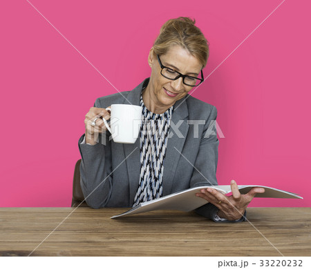 Businesswoman Reading Documents Coffee Drinks Working Businesswoman Reading Documents Coffee Drinks Working 33220232