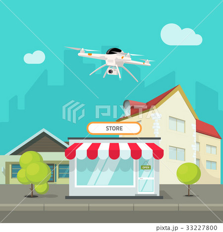 Drone camera flying above city buildings vector 33227800