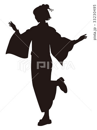シルエット 浴衣の女性 盆踊り 祭り ゆかた姿 走る女性のイラスト素材
