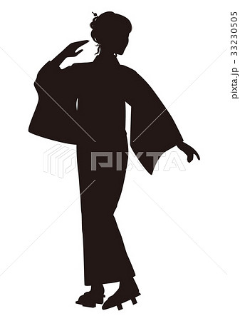 シルエット 浴衣の女性 盆踊り 祭り ゆかた姿 ポーズをとる女性03のイラスト素材