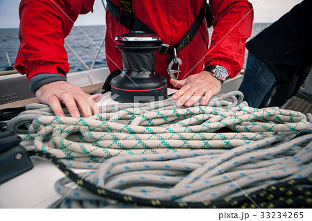 Hands sailor braid rigging ropes on a yacht Hands sailor braid rigging ropes on a yacht 33234265