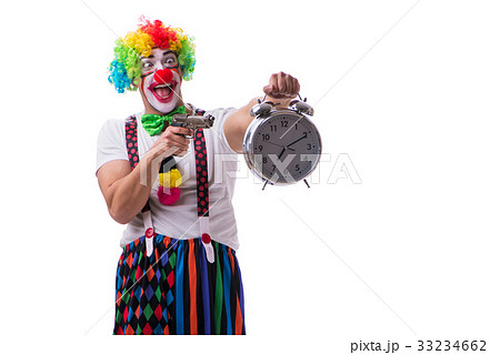 Funny clown with an alarm clock isolated on white 33234662