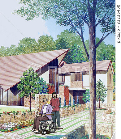 高齢者施設、要介護者、車椅子でお散歩する母と娘 家族で歩く 公園の風景 ユニバーサルマナー 高齢者施設、要介護者、車椅子でお散歩する母と娘 家族で歩く 公園の風景 ユニバーサルマナー 33236400