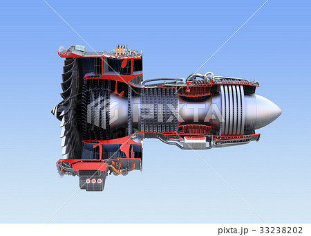 ワイヤフレーム付きのターボファンエンジンの3Dカットモデルイメージ 33238202