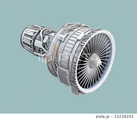 ワイヤフレーム付きのターボファンエンジンのクレイモデルイメージのイラスト素材