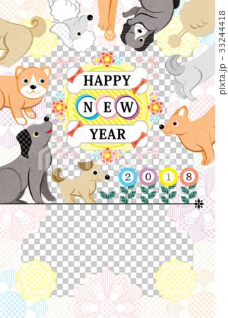 2018年戌年完成年賀状テンプレート「花と犬集合カラフル」HAPPYNEWYEAR 33244418