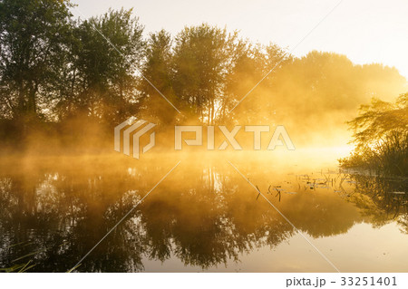Foggy dawn over a beautiful spring river 33251401