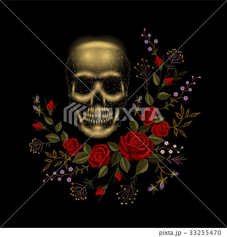 Vintage Human Skull Bone Flower Red Roseのイラスト素材