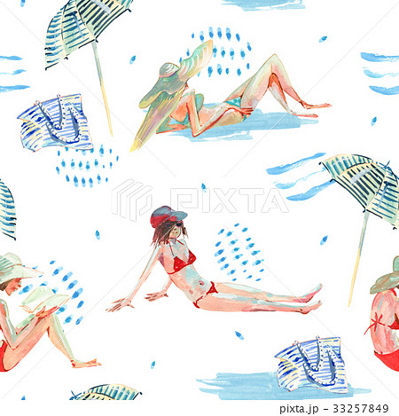 Summer watercolor seamless pattern with girl on Summer watercolor seamless pattern with girl on 33257849