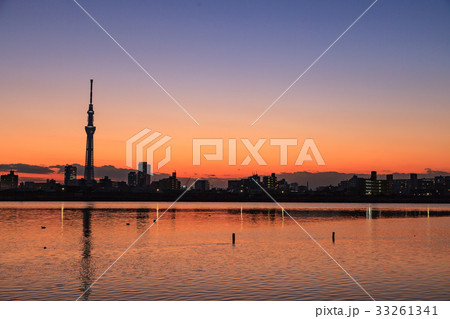 夕景に佇む東京スカイツリー 荒川河川敷から望む 夕景に佇む東京スカイツリー 荒川河川敷から望む 33261341