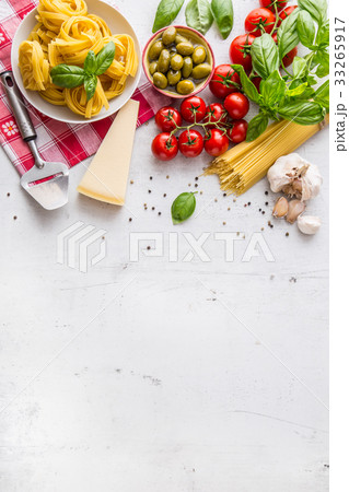 Italian food cuisine and ingredients on table. Italian food cuisine and ingredients on table. 33265917
