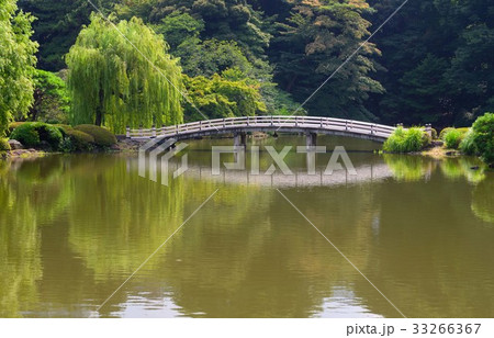 池の水面に映る橋の影の写真素材