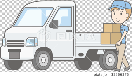 軽自動車トラックと荷物を運ぶ男性スタッフのイラストのイラスト素材