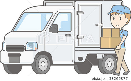 軽自動車保冷車と荷物を運ぶ男性スタッフのイラストのイラスト素材