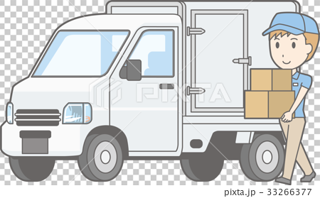 軽自動車保冷車と荷物を運ぶ男性スタッフのイラストのイラスト素材