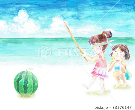 スイカ割り 砂浜 女の子のイラスト素材