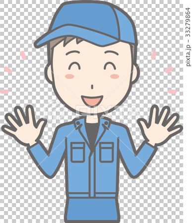 Illustration in which a man in a workwear is smiling with his hands open 33279864