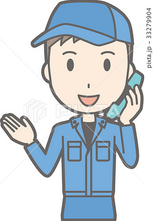 作業着を着た男性が電話で話しているイラストのイラスト素材