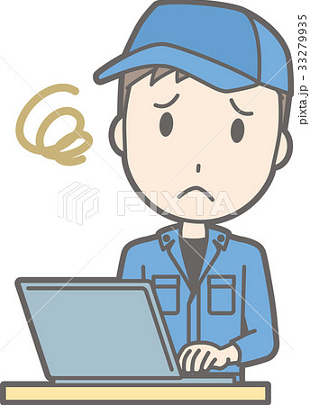 作業着を着た男性がノートパソコンを操作して困っているイラストのイラスト素材