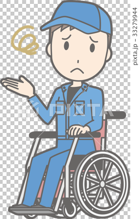 作業着を着た男性が車椅子に乗って困っているイラスト 33279944