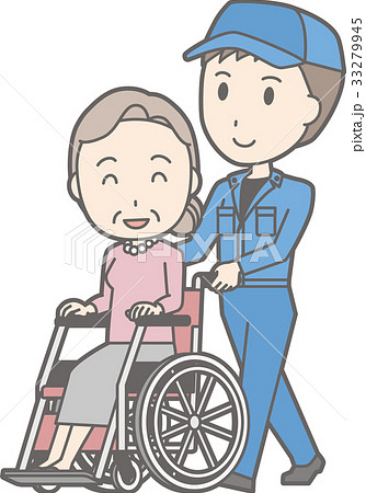 作業着を着た男性がお婆さんの乗った車椅子を押しているイラスト 33279945