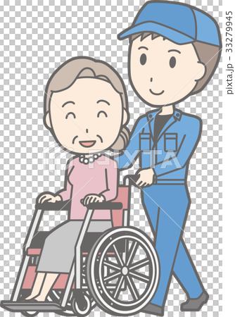 作業着を着た男性がお婆さんの乗った車椅子を押しているイラスト 33279945