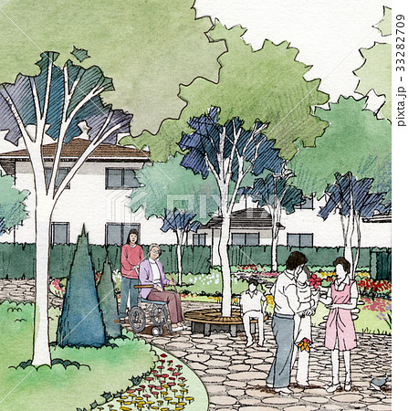 ママ友 立ち話 家族で歩く 公園の風景 ユニバーサルマナー バリアバリュー ユニバーサルデザインのイラスト素材