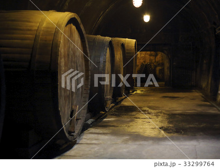 Old big oak barrels in winery cellar 33299764