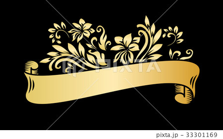 Gold vintage ribbon banner with leaves and flowers 33301169