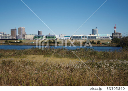 秋の荒川土手に建つ舟戸学園 33305840