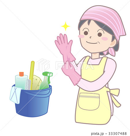 掃除をしようとゴム手袋をはめる女性のイラスト素材