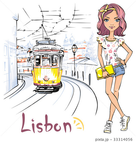 Girl and yellow 28 tram, Alfama, Lisbon, Portugal 33314056