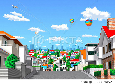 町 住宅街 坂道 ビル遠景フルのイラスト素材