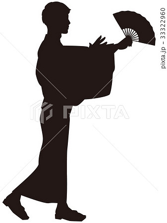 シルエット 浴衣の男性 盆踊り 祭り ゆかた姿 扇子を持って踊っている男性02のイラスト素材